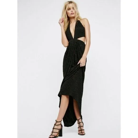 Free People | Dresses | New Free People Midnight Hour Black Beaded Halter  Maxi Dress Xs | Poshmark